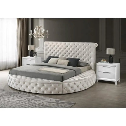 Queen Size Ivory Velvet Button-Tufted Storage Bed Set with 2 Nightstands - Wooden Bedroom Furniture 3pc Set