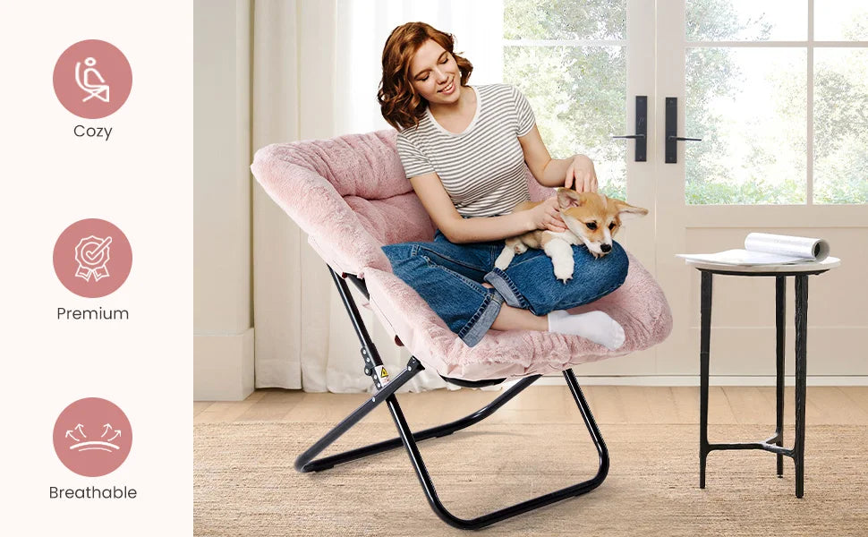 28IN Cozy Saucer Chairs Soft Faux Fur Large Size Folding Lounge Living Room Padded Seat Metal Frame Reading Chair Furniture
