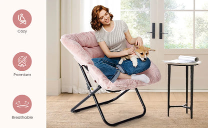 28IN Cozy Saucer Chairs Soft Faux Fur Large Size Folding Lounge Living Room Padded Seat Metal Frame Reading Chair Furniture