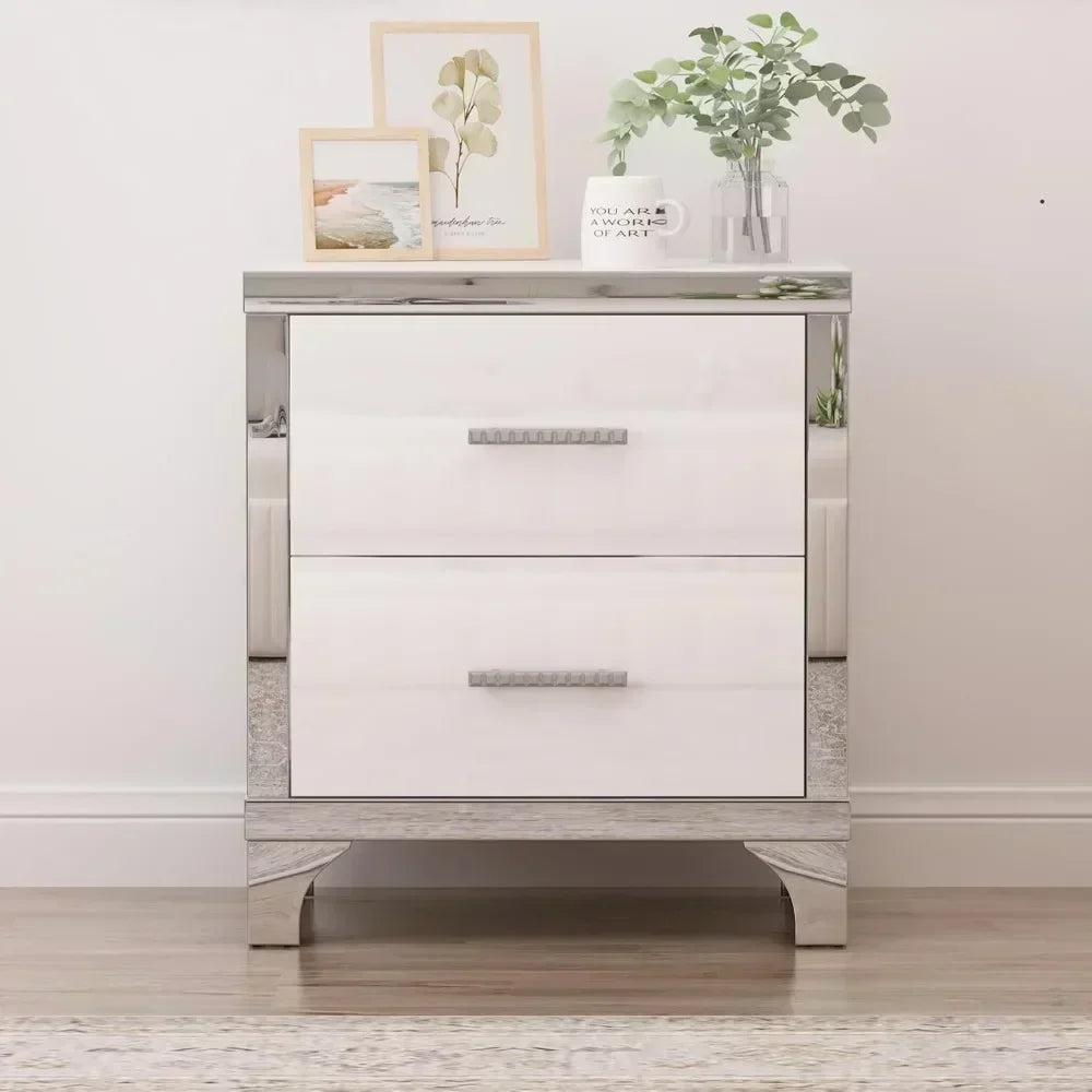 Elegant White High Gloss 2-Drawer Mirrored Nightstand with Metal Handles and Legs, Ideal for Bedroom and Living Room