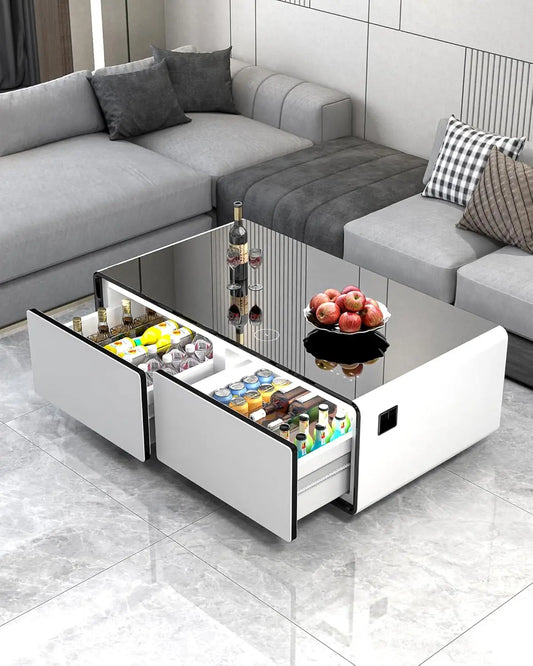 Smart Coffee Table, 27.7" D x 51" W x 18.1" H,Living Room Table with Built in Fridge and Speakers,Smart Table with 15W Wireless