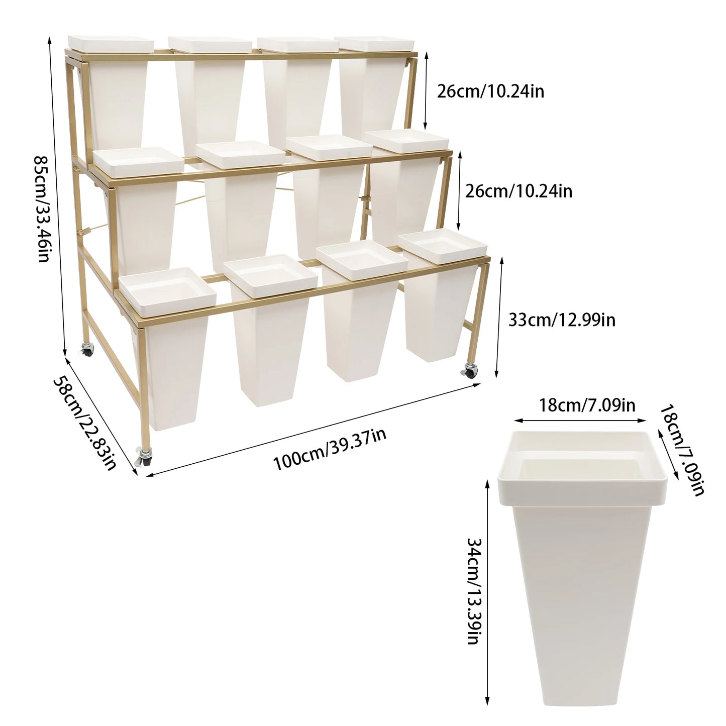 3 Layers White Flower Display Stand Heavy Duty Metal Plant Cart Shelf with 12 Buckets & Wheel for Home Patio Garden Florist