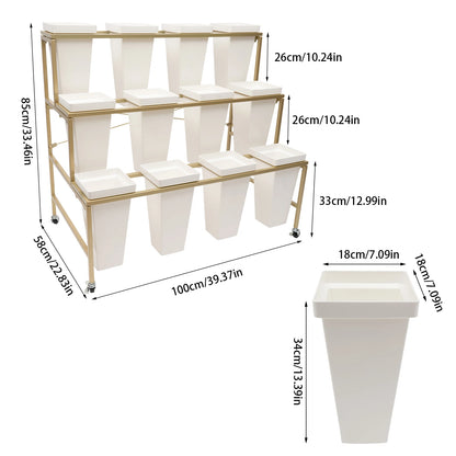 3 Layers White Flower Display Stand Heavy Duty Metal Plant Cart Shelf with 12 Buckets & Wheel for Home Patio Garden Florist