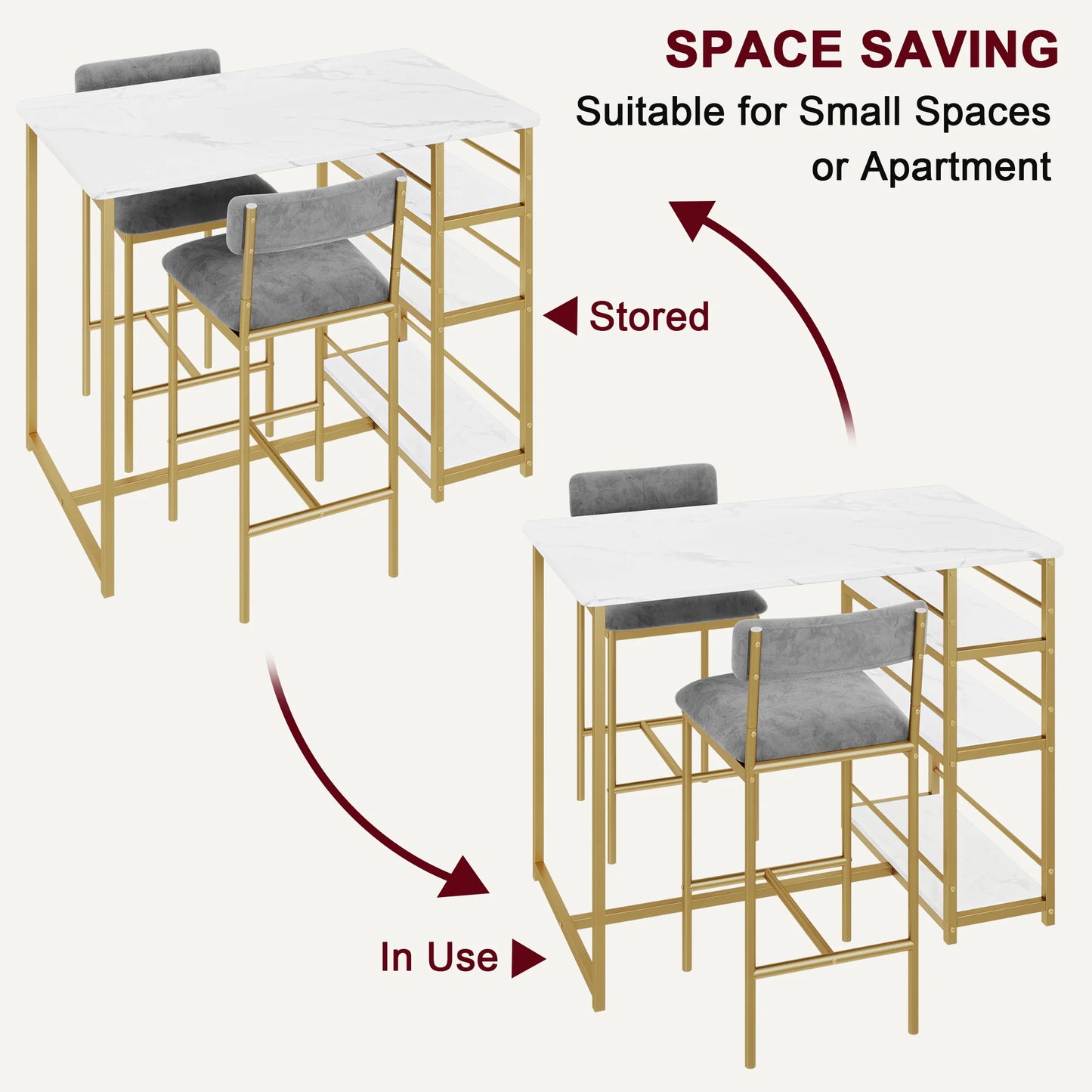 3 Pieces Dining Room Table Set for Small Space Apartment Counter Height Kitchen Table and Chairs Bar Stools Gold