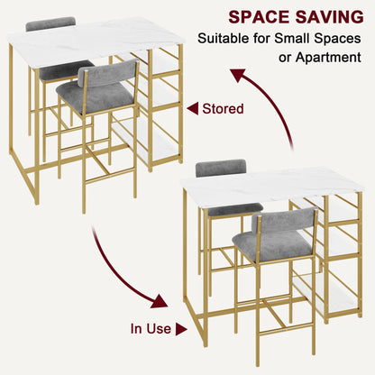 3 Pieces Dining Room Table Set for Small Space Apartment Counter Height Kitchen Table and Chairs Bar Stools Gold