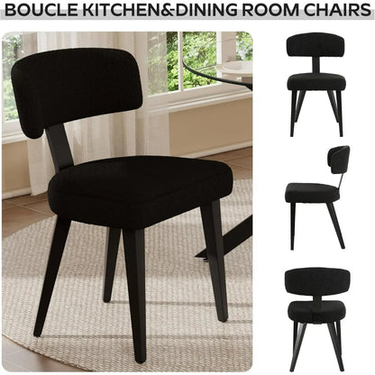 Dining Chairs Set of 4, Black Modern Upholstered Kitchen Dining Room Chairs, Boucle Dining Chairs Curved Backrest, Mid Century K