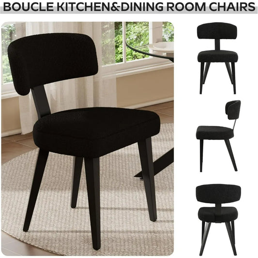 Dining Chairs Set of 4, Black Modern Upholstered Kitchen Dining Room Chairs, Boucle Dining Chairs Curved Backrest, Mid Century K