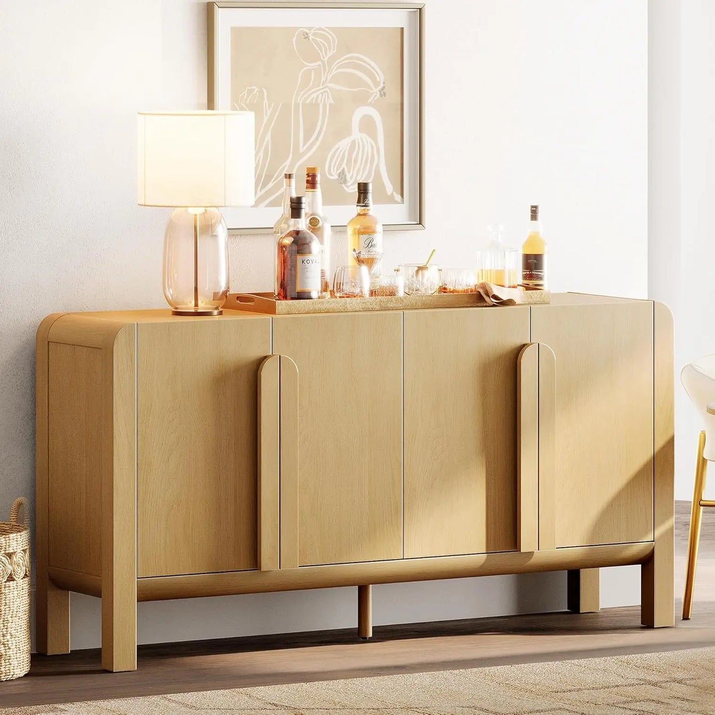 63" W Large Buffet Sideboard Cabinet with Storages, Modern Buffet Table Coffee Bar Wine Bar Storage Curved Cabinet, Customized