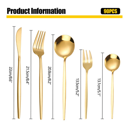 90Pcs Gold Stainless Steel Silverware - Heavy Duty Cutlery, 420 Stainless Steel Tableware Set for Wedding, Buffets, Restaurants