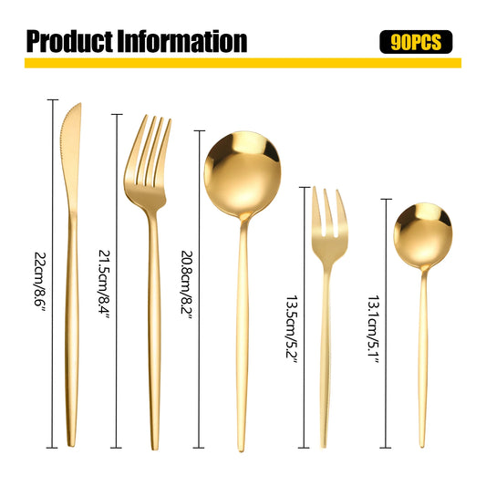 90Pcs Gold Stainless Steel Silverware - Heavy Duty Cutlery, 420 Stainless Steel Tableware Set for Wedding, Buffets, Restaurants
