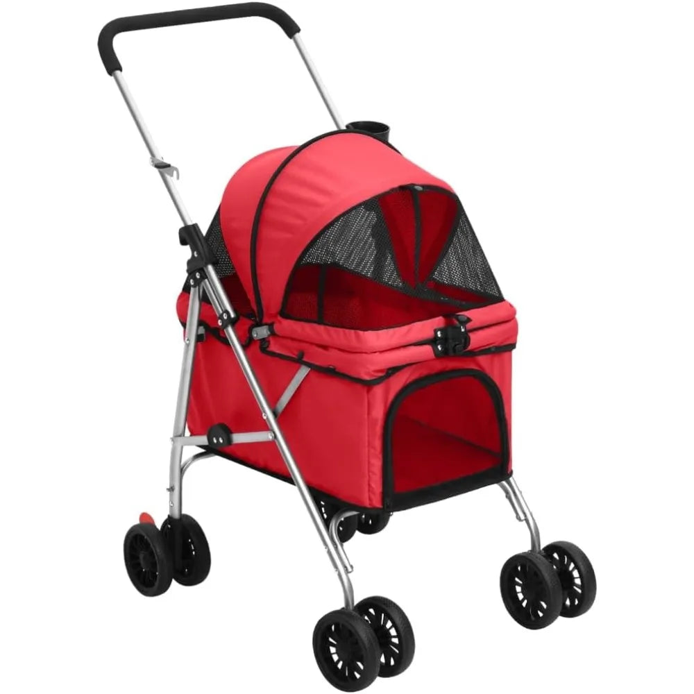 Folding Dog Stroller For Small To Medium Pets Red With UV Protection And Breathable Oxford Fabric