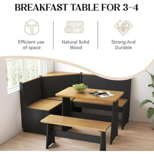 breakfast nook corner dining table kitchen bench chair set, space-saving 3-5 people seat reversible l-shape for family home blac