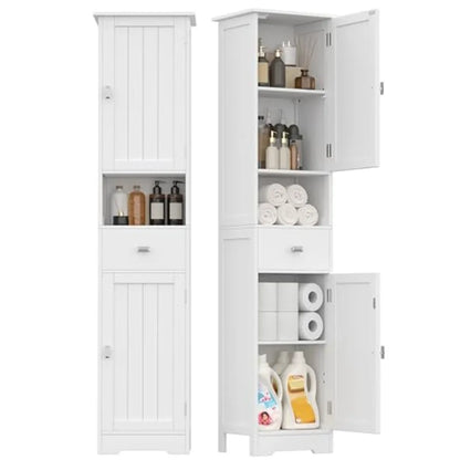 Tall Bathroom Storage Cabinet with 2 Doors 67" H Narrow Floor Cabinet with Adjustable Shelves and Drawer Anti-Tip Design 11.8 x