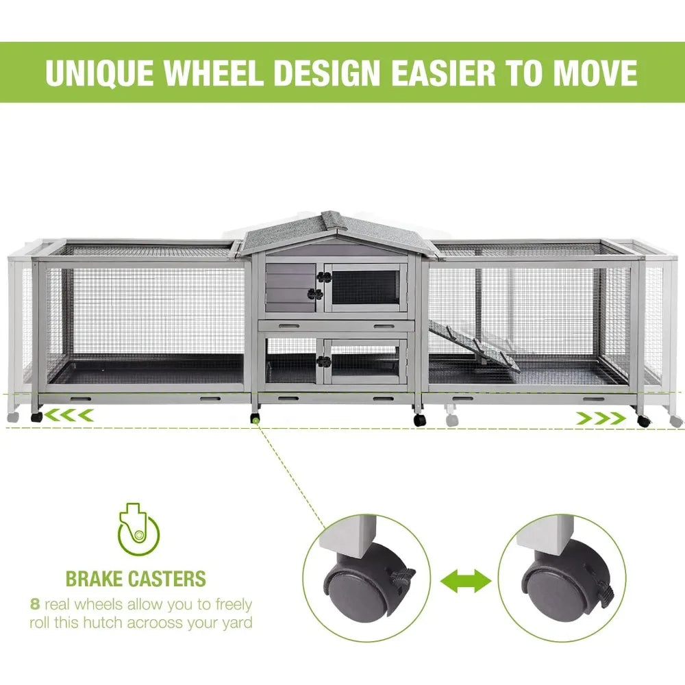Rabbit Hutch Bunny Cage Indoor & Outdoor Rabbit Cage on Wheels, Large Guinea Pig Cage with 4 Deep No Leakage Pull Out Trays - 93