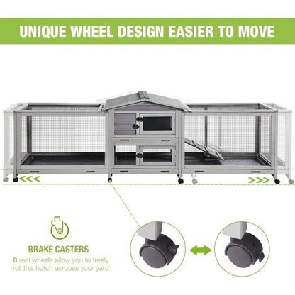 Rabbit Hutch Bunny Cage Indoor & Outdoor Rabbit Cage on Wheels, Large Guinea Pig Cage with 4 Deep No Leakage Pull Out Trays - 93