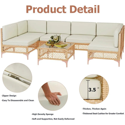 Outdoor Patio Furniture Set, Wicker Outdoor Sectional Set, Boho Patio Conversation Sectional Sofa with Large Tempered Glass