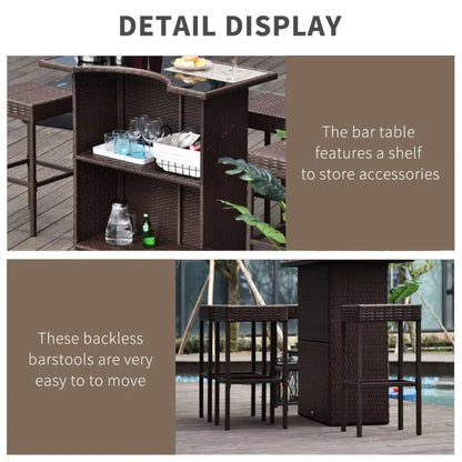 5Piece Rattan Wicker Bar Set with Glass Top Table 2 Tier Storage Shelf and 4 Bar Stools for Outdoor Patio Garden Brown