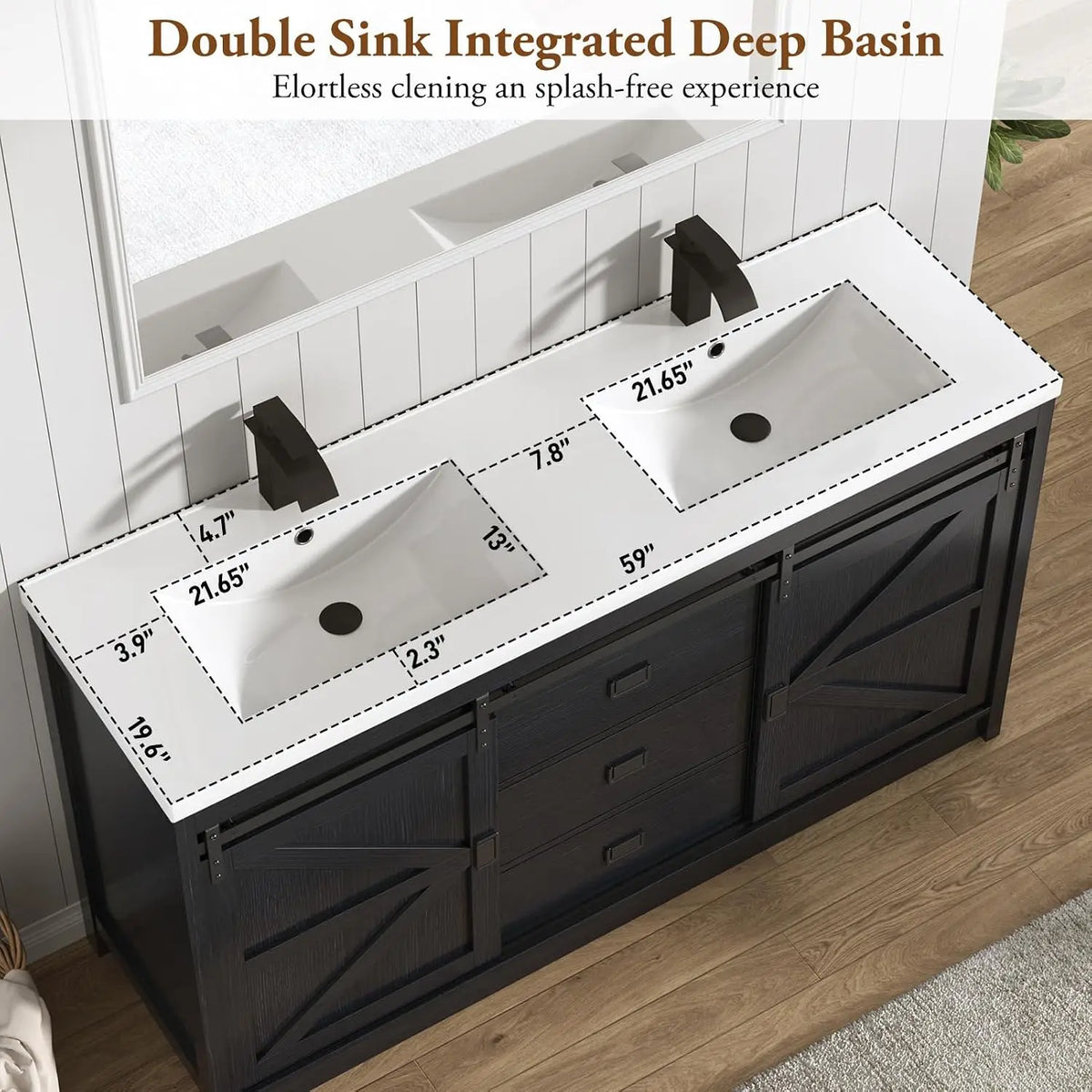 Double Bathroom Vanity with Sink & Faucet & Sewer Pipes,59" Farmhouse Bathroom Vanity Cabinet Set with 3 Storage Drawers &