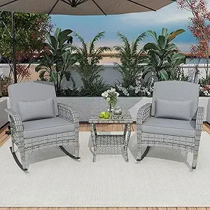 3-Piece Patio Furniture Set, 2wickerOutdoor Rocking Chairs with Rattan Coffee Table