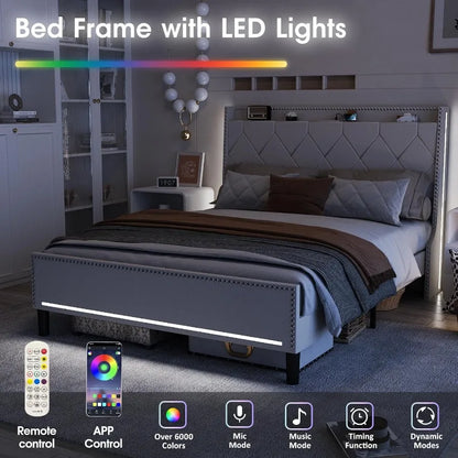 Queen Size Bed Frame with Integrated LED Lights Upholstered Headboard Builtin Charging Station Ample Storage Space Beneath the