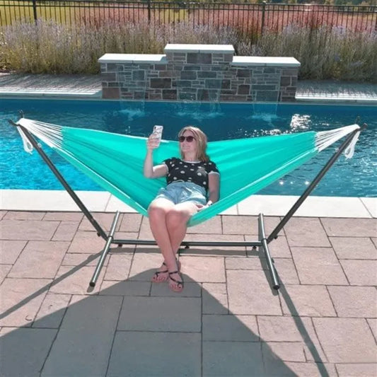 Vivere Double Sunbrella Hammock with Space Saving Steel Stand, 450 lb Capacity - Premium Carry Bag Included (Aruba)