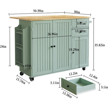 Sage Green Kitchen Island with Storage and Drop-Leaf Countertop on Wheels