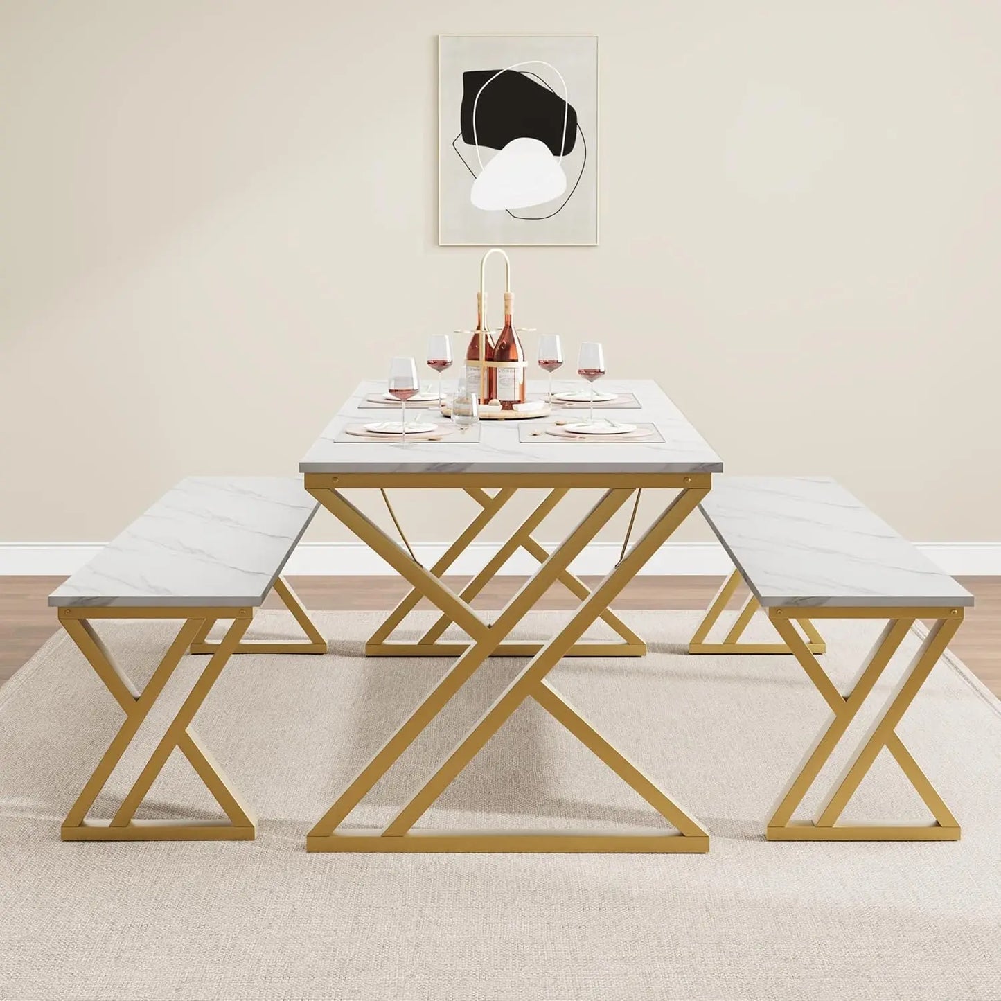 Kitchen Table Set for 4 with 2 Benches Space Saving Dining Table & Benches, Sturdy Metal Frame Dinette Set for Dining Room Gold
