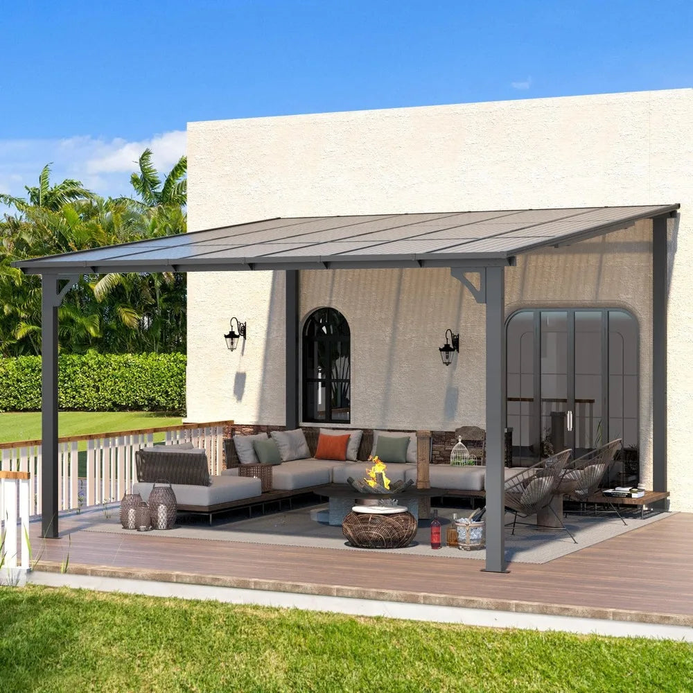 12' x 12' Gazebo Outdoor Pergola for Patio, Large Wall-Mounted Hard Top Lean to Metal Gazebo Shelter Pergolas