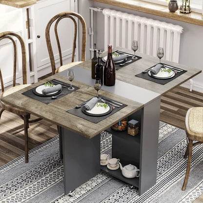 Folding Drop Leaf Dining Table with 6 Wheels and 2-Layer Storage Shelf, Space Saving Table for Small Spaces, Chestnut