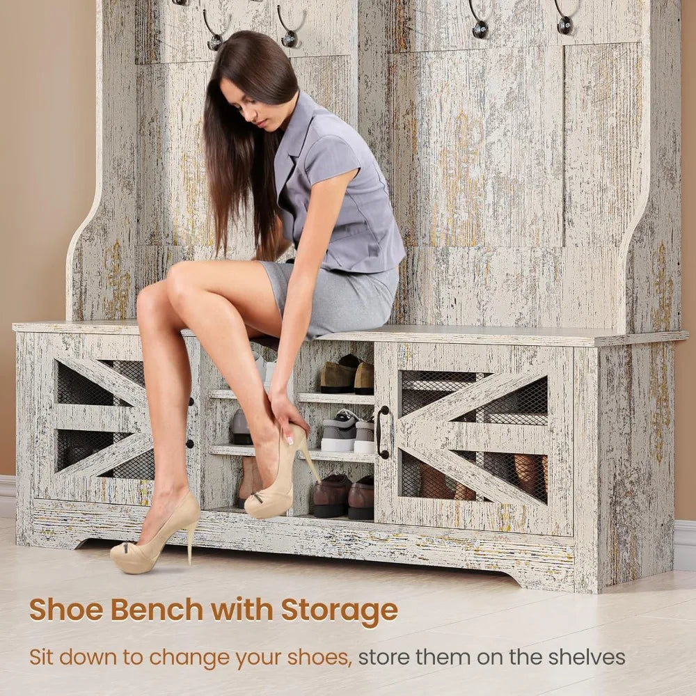 Hall Tree with Bench and Shoe Storage, 5-in-1 Entryway Bench with Coat Rack, 16 Shoe Cubbies & 12 Coat Hooks, Barn Door & Adjus
