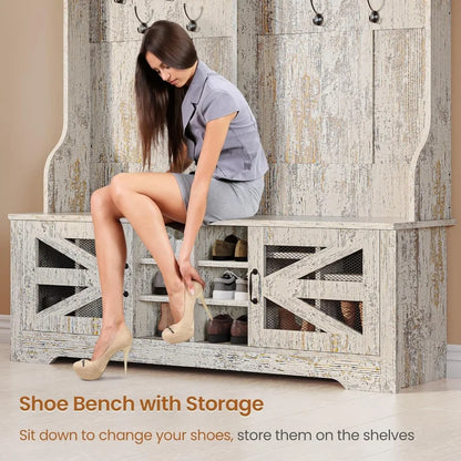 Hall Tree with Bench and Shoe Storage, 5-in-1 Entryway Bench with Coat Rack, 16 Shoe Cubbies & 12 Coat Hooks, Barn Door & Adjus