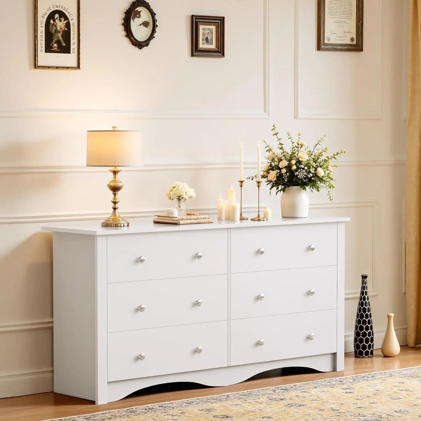 Dresser for Bedroom, 6 Wood Dresser Drawers, Wide Chest of Drawers, Storage Tower Unit Modern Design Bedroom Living Room
