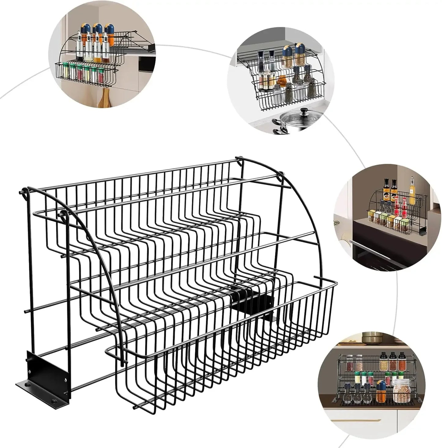 3Tier Adjustable Pull Down Spice Rack,Large Capacity Kitchen Storage Shelf Organizer Heightened Guardrail&Enlarged Mounting