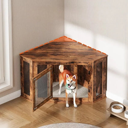 Corner Dog Crate Furniture, Wooden Dogs Kennel End Table, Decorative Pet Crate Indoor Use, Furniture Style Dogs House
