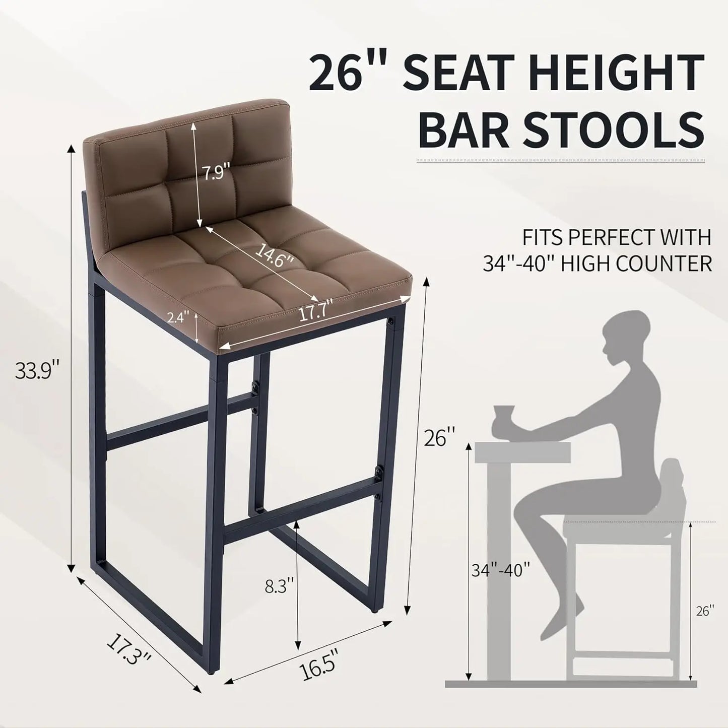 Modern Counter Height Bar Stools Set of 2, Faux Leather Low Back with Footrest for Kitchen Island (Coffee Brown)