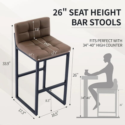 Modern Counter Height Bar Stools Set of 2, Faux Leather Low Back with Footrest for Kitchen Island (Coffee Brown)
