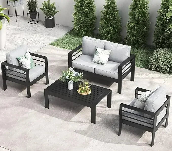 RPD4-QLayinSun Aluminum Furniture with Fire Pit Table. 5 Pieces Patio Sectional Conversation Chat Sofa Modern Seating Set