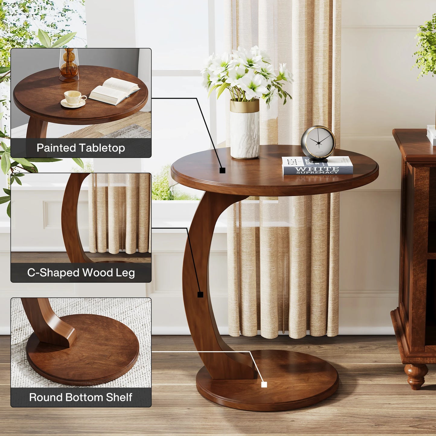 Tribesigns Mid Century Round End Table, Wood C-Shaped Side Table, Small Couch Side Table, Retro Side Table