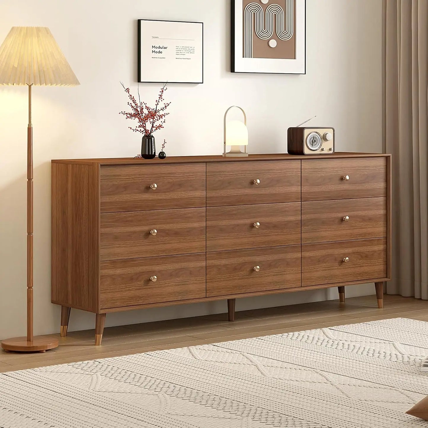 9 Drawer Dresser for Bedroom, 63 Inch Walnut Dresser for Closet, Mid Century Wood Chest of Drawers with Natural, Customized