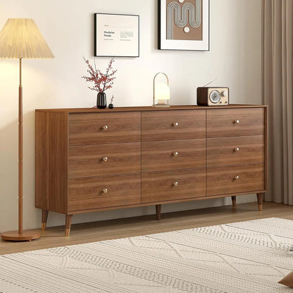 9 Drawer Dresser for Bedroom, 63 Inch Walnut Dresser for Closet, Mid Century Wood Chest of Drawers with Natural, Customized