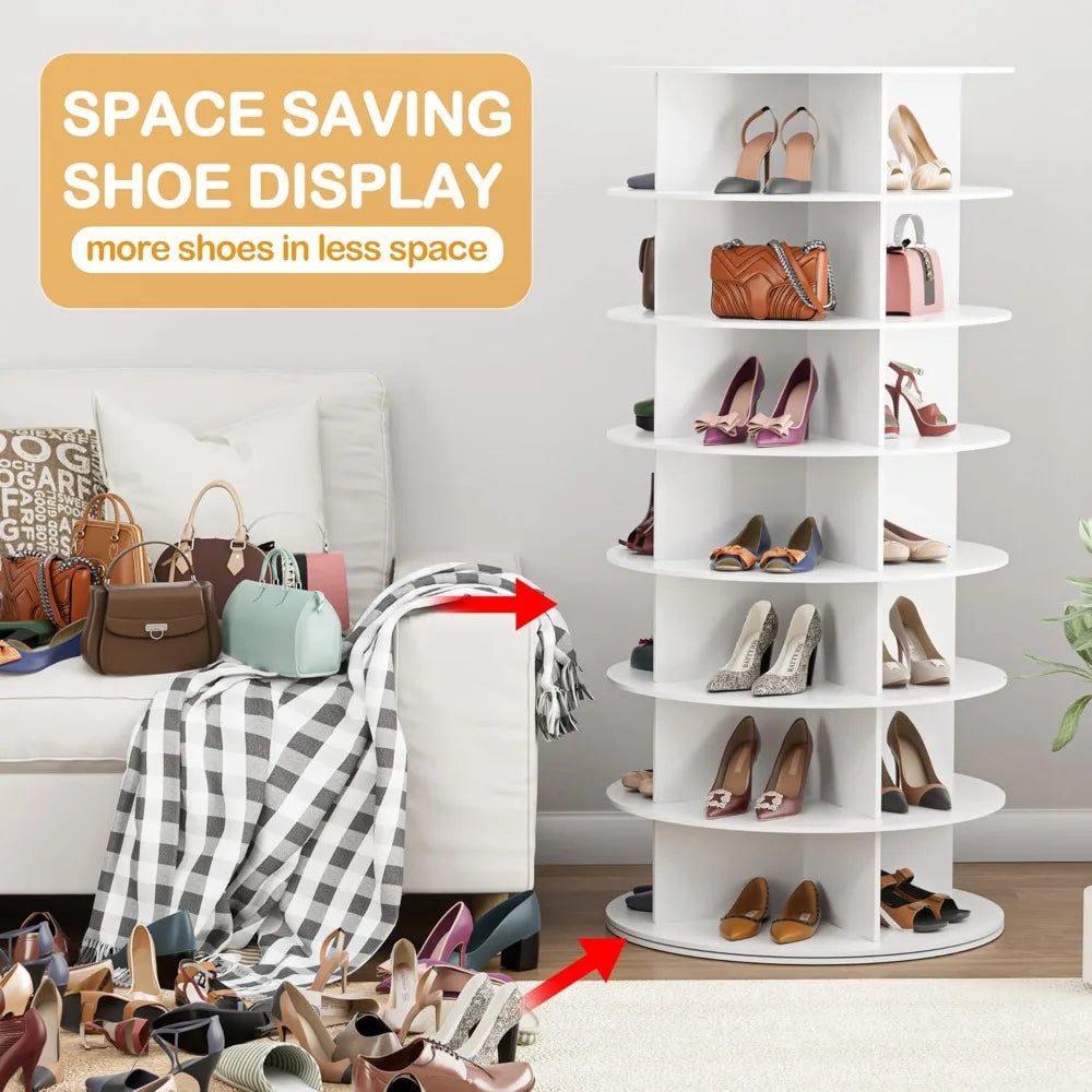 7-Tier Rotating Shoe Rack Tower, 360° Spinning Organizer for Shoes & Bags, White Storage Carousel