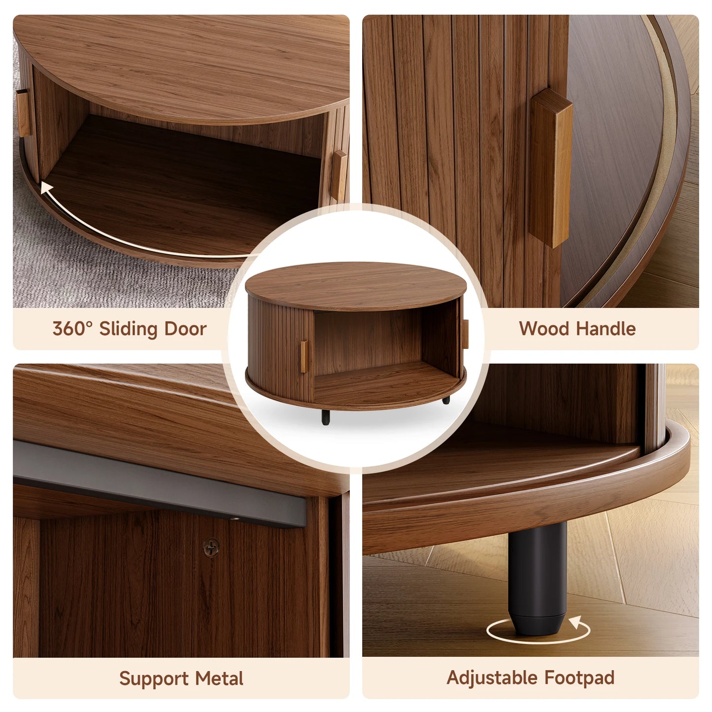 31.5" Modern Round Coffee Table with Storage with 360° Curved Sliding Door ,Fluted Wood Accent