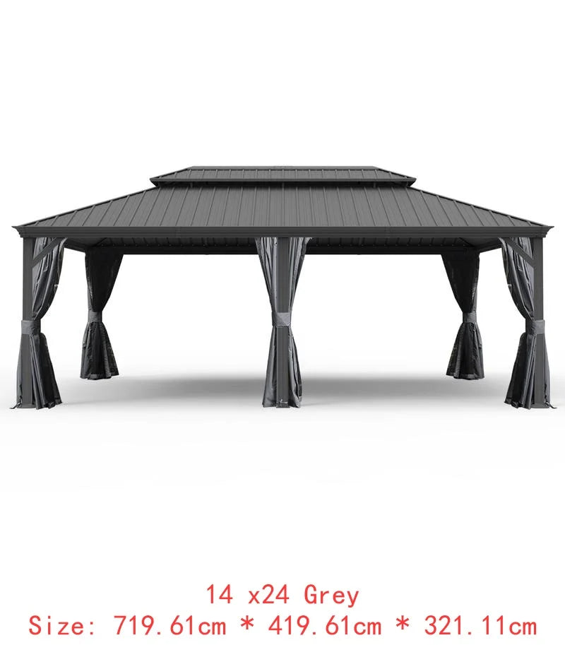 14x24 Hardtop Gazebo, Upgraded Metal Canopy with Drainage, Dual-Layer Galvanized Steel Roof, Includes Curtains & Netting,