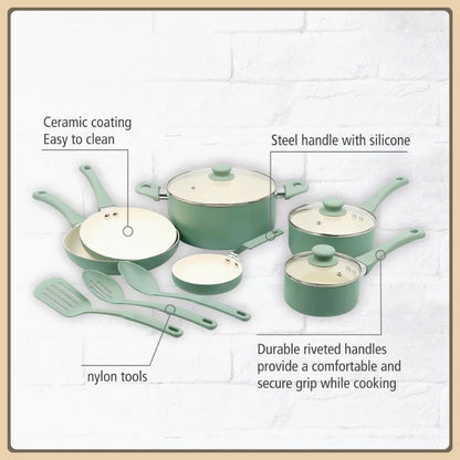 Ceramic aluminum 12-piece non-stick cookware set, meets a variety of cooking needs, suitable for a warm kitchen gift