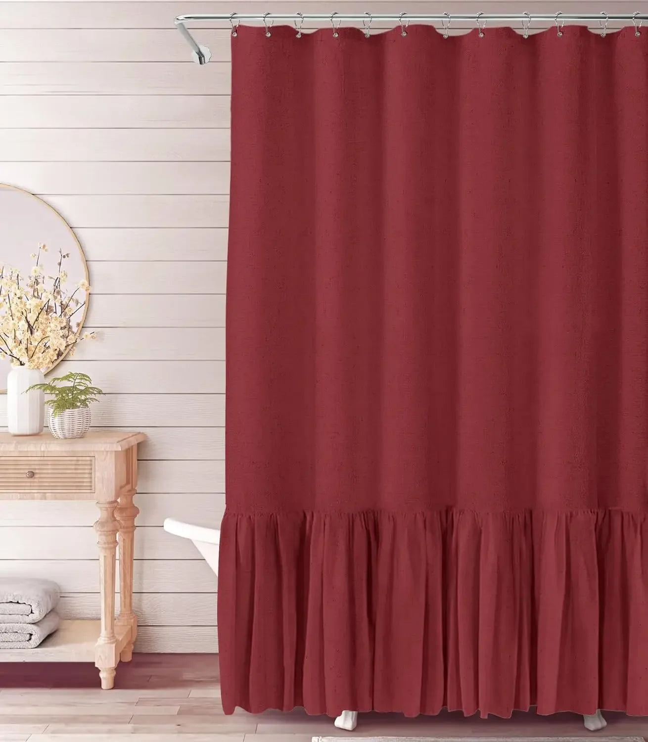 Cotton Linen Plain Shower Curtain with 12 Hooks Waterproof Floral Falbala Ruffle Edge Frill Scalloped Hem Decor Bathroom