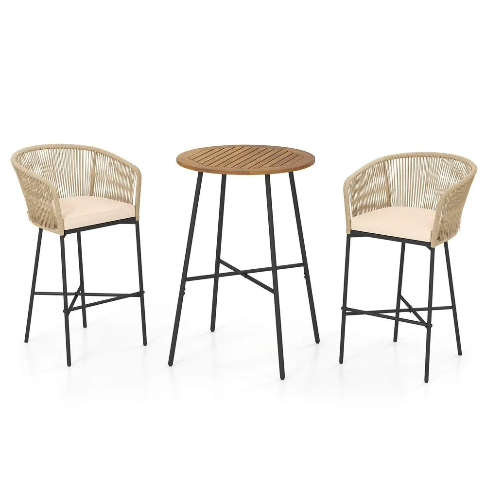 3 PCS Rope Woven Patio Bar Set w/ Soft Cushions and Acacia Wood Tabletop