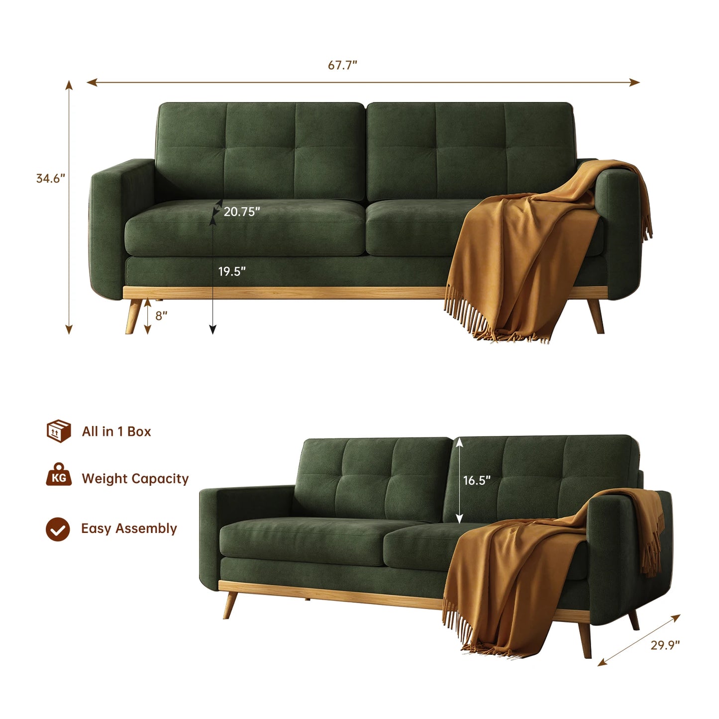 67.7-inch Mid-Century Modern Loveseat Sofa with Wooden Legs  for Living Room, Bedroom, or Office