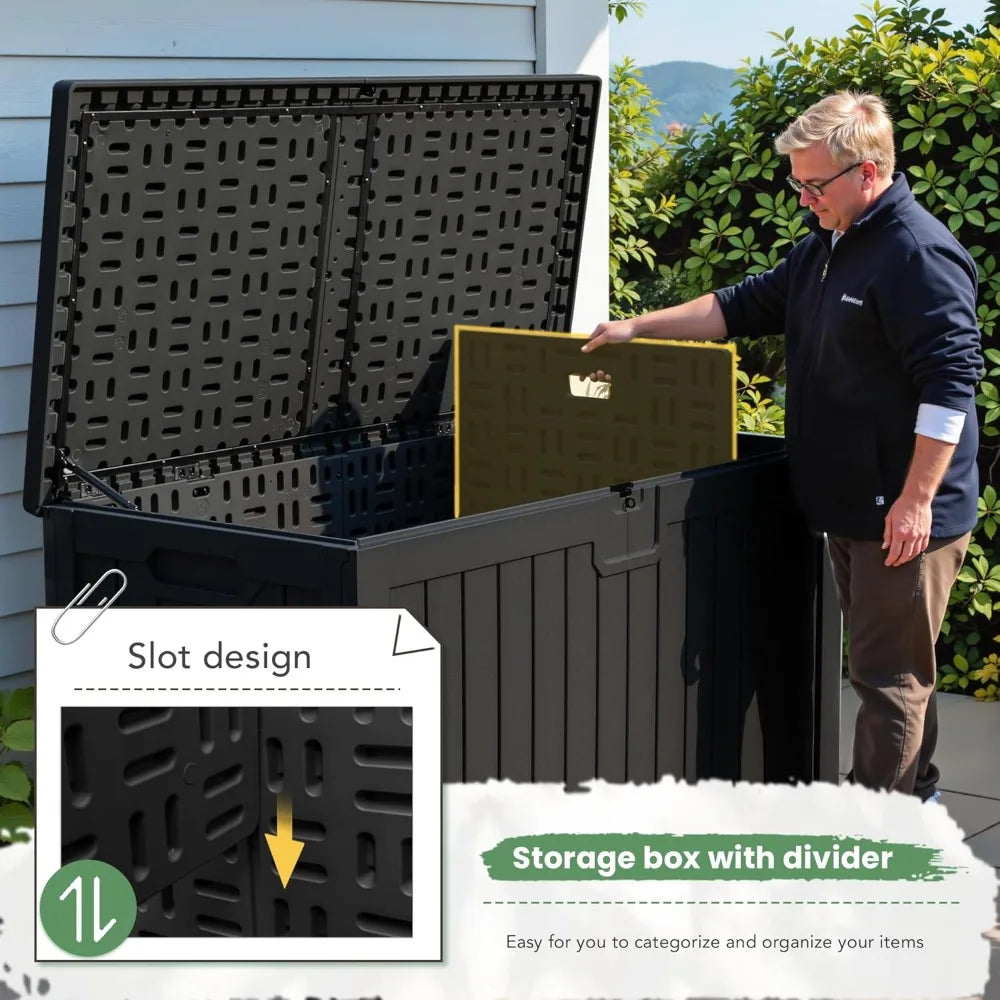 230 Gallon HDPE Black Outdoor Storage Box with Removable Dividers, Weatherproof Oversized Deck Box for Patio ,Garage