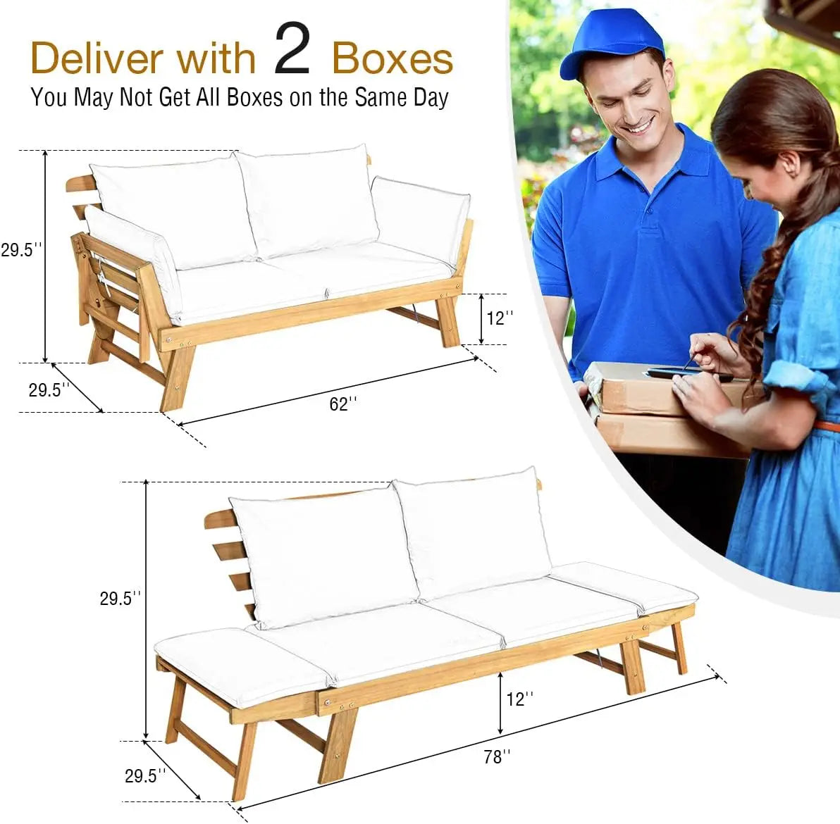Convertible Acacia Wood Patio Couch Sofa Bed with Adjustable Armrest, Outdoor Daybed with Cushion & Pillows, Outside Folding Fu