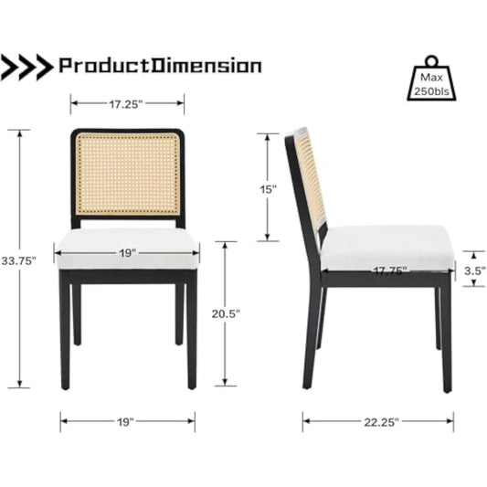 Modern Farmhouse Rattan Dining Chairs Set of 4 Beige Linen Upholstered Dining Room Chairs  Cane Back Mid Century Black Wooden